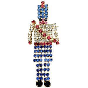 Nutcracker Soldier Articulated Brooch Blue Red Rhinestone Christmas Pin